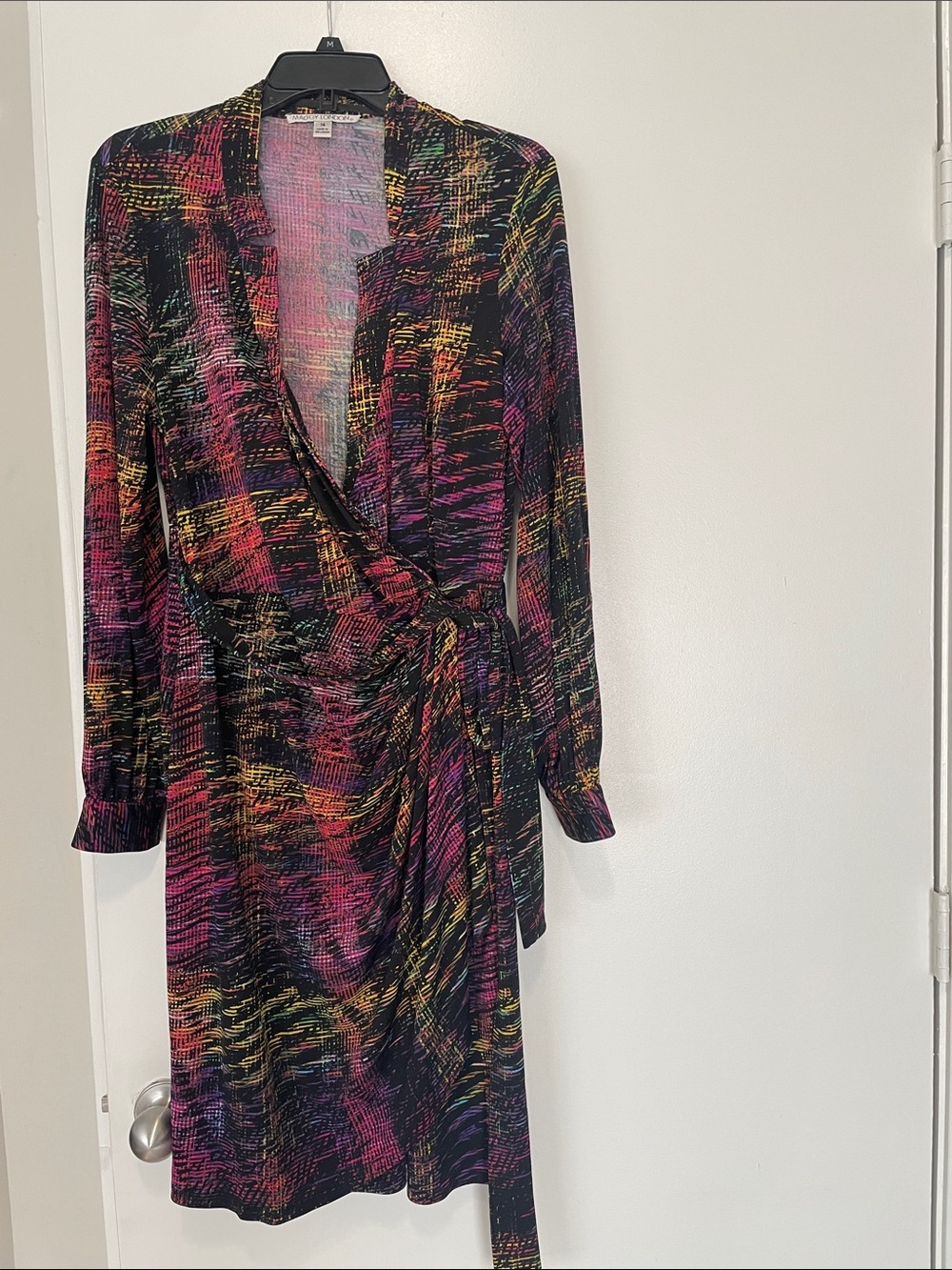 Maggy London Black Multicolor Abstract Wrap Dress size 14